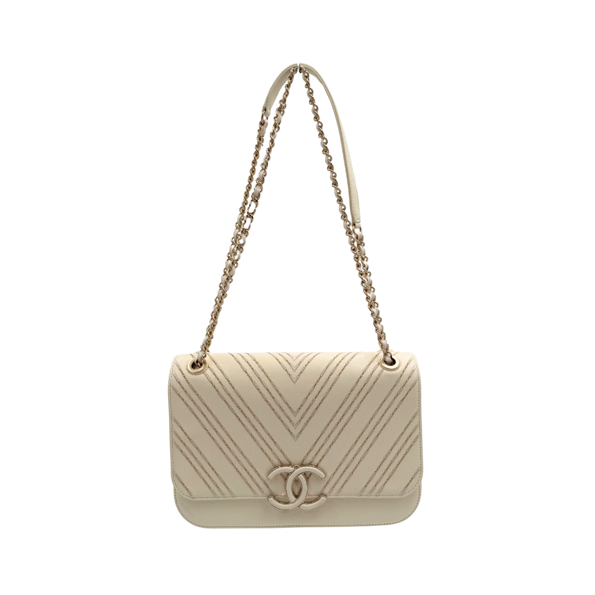 Chanel White Sheepskin Leather Chevron Flap Bag