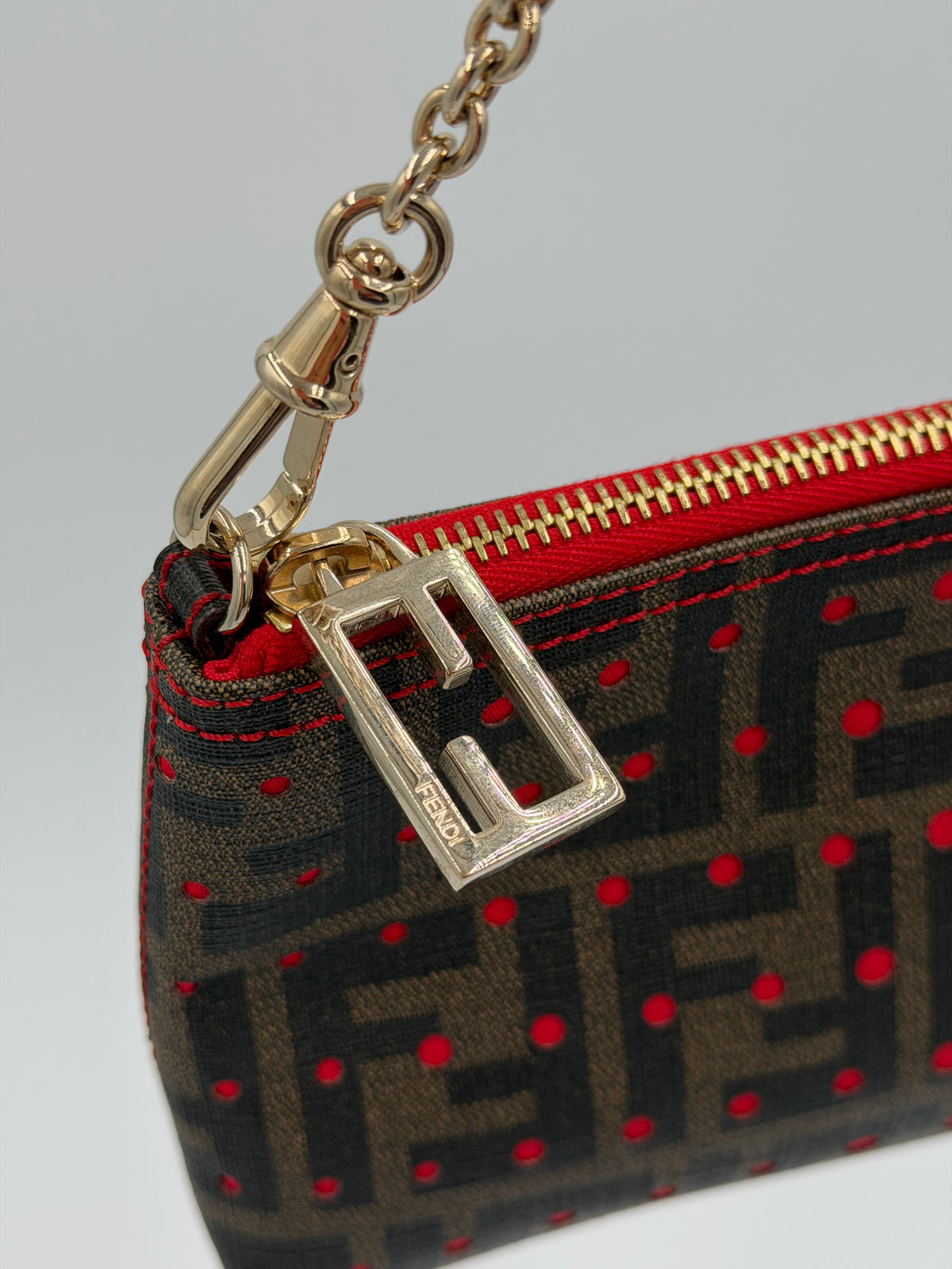 Fendi Zucca Spalmati Red Dot Chain Pochette