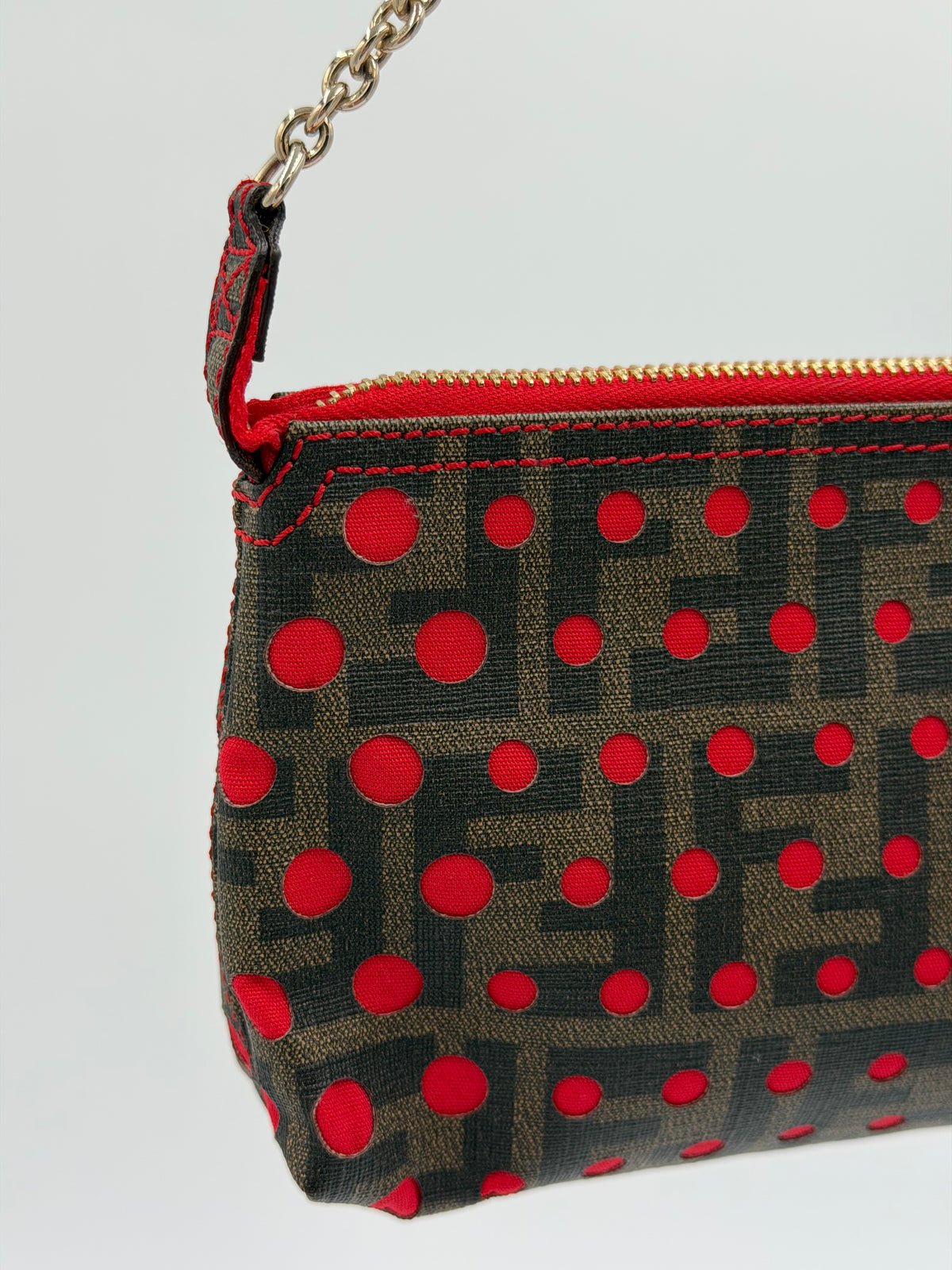 Fendi Zucca Spalmati Red Dot Chain Pochette