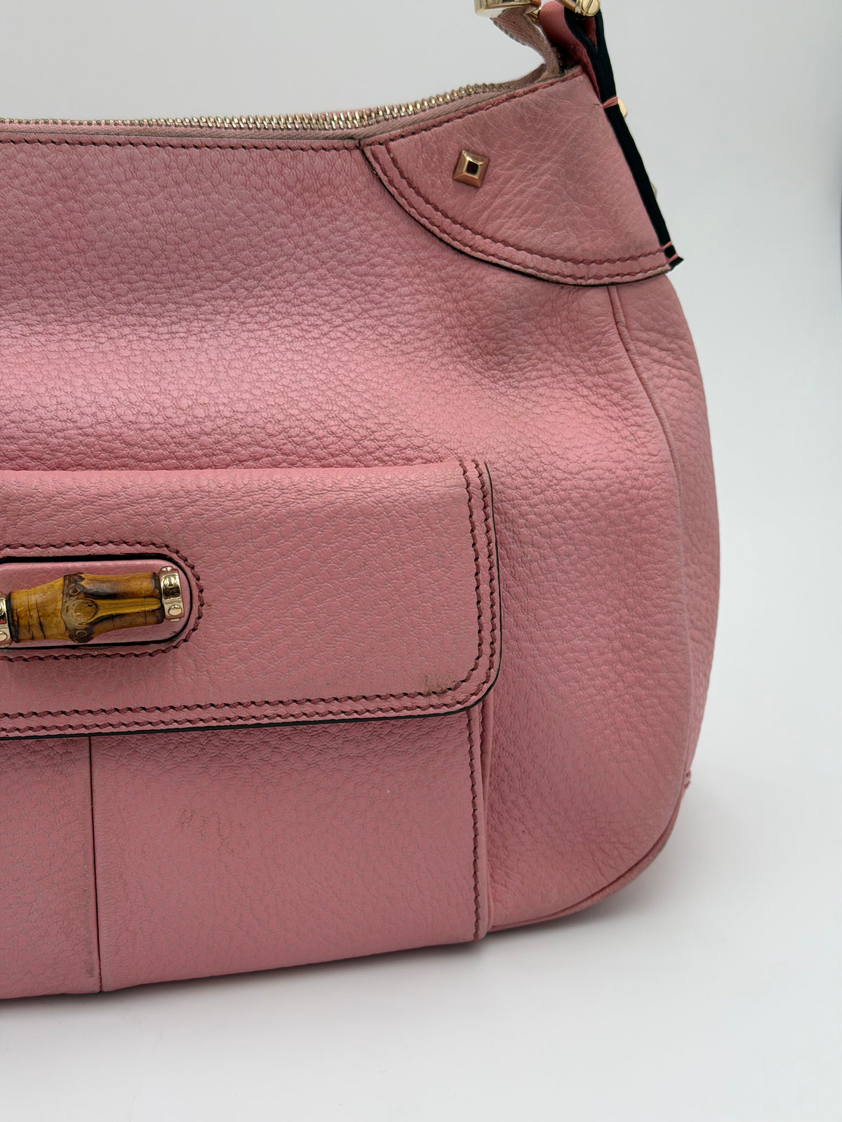 Gucci Pink Leather Bamboo Top Handle Bag