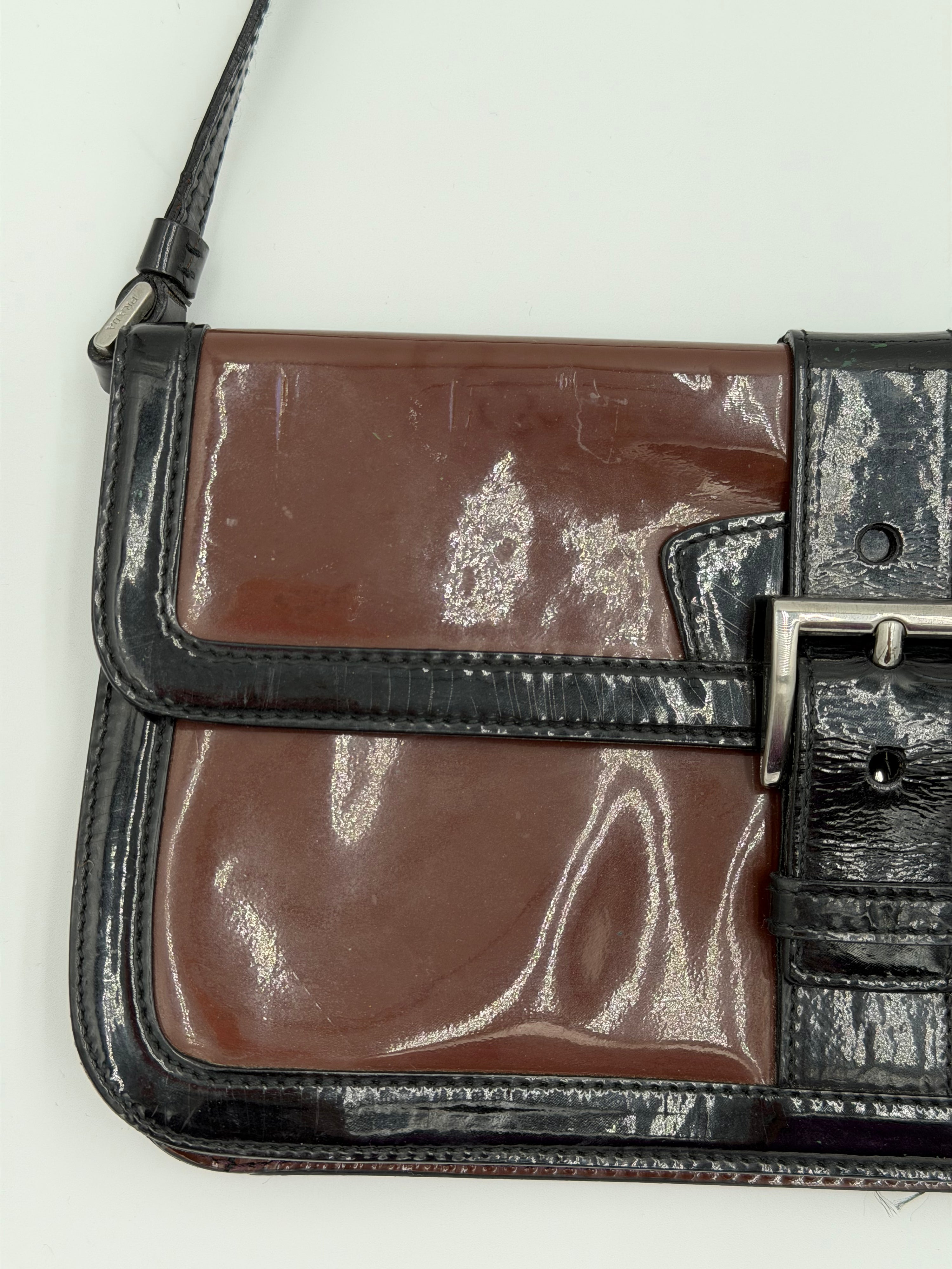 Prada Patent Leather Buckle Flap Baguette