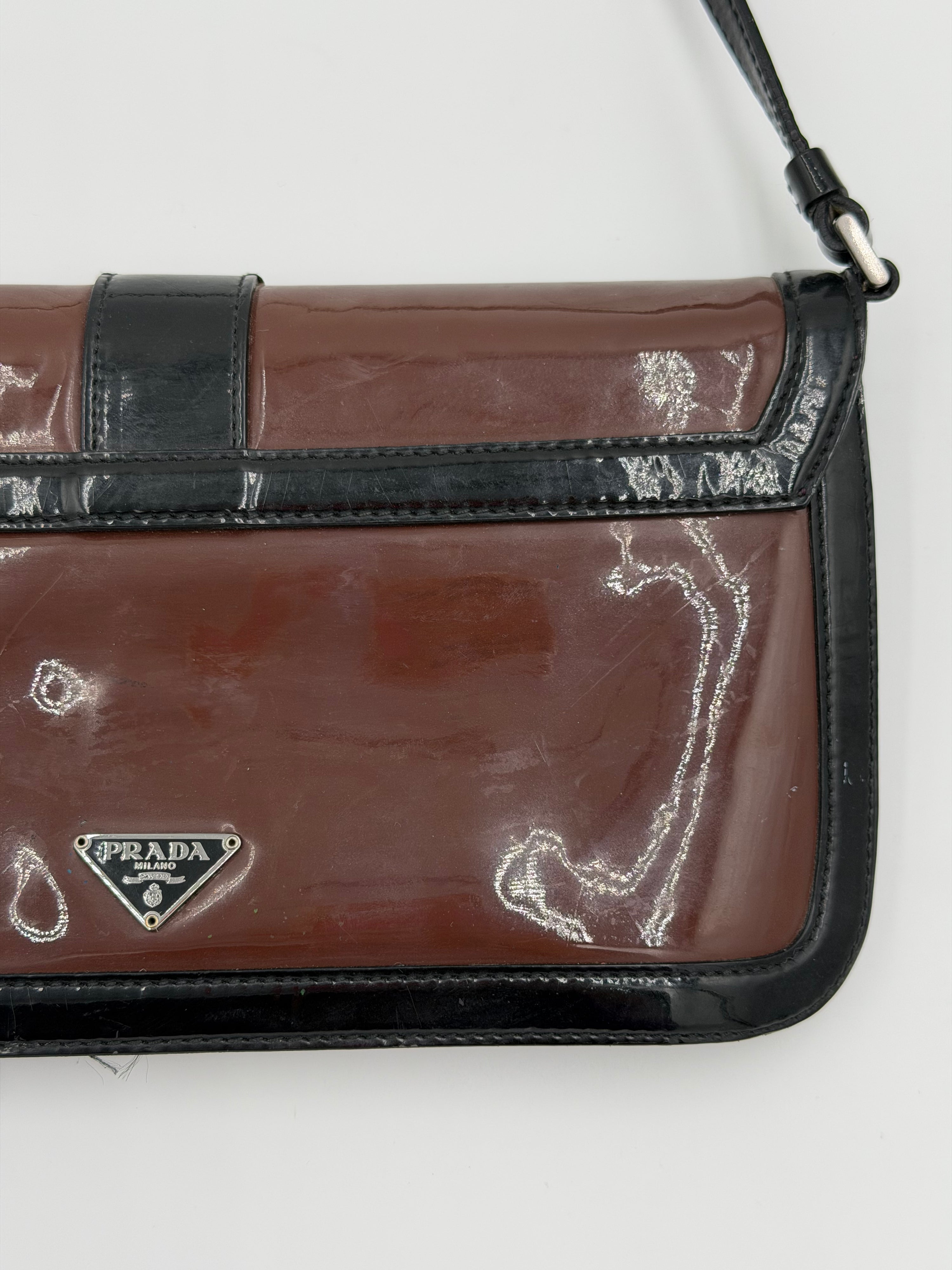 Prada Patent Leather Buckle Flap Baguette